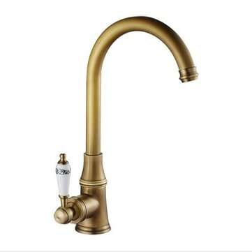 Retro Antique Brass Kitchen Sink Faucet Single Handle Rotation Spout Deck Cold and Hot Water Mixer T