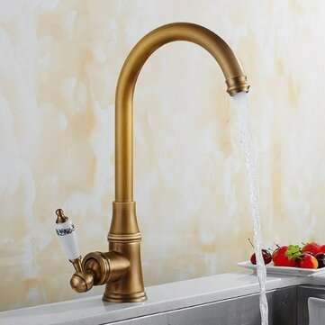 Retro Antique Brass Kitchen Sink Faucet Single Handle Rotation Spout Deck Cold and Hot Water Mixer T
