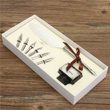 Retro Goose Feather Quill Pen Metal Nib Dip Writing Black Ink Set Collectable