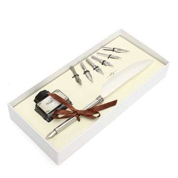 Retro Goose Feather Quill Pen Metal Nib Dip Writing Black Ink Set Collectable