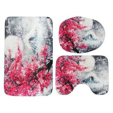 Sakura Snow Mountain 1/3/4 Pcs Waterproof Shower Curtain Toilet Cover Mat Bathroom Set... (SIZE: #3)