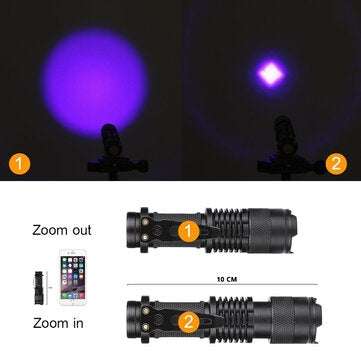 LED UV Flashlight Ultraviolet Torch with Zoom Function Mini UV Black Light Pet Urine Stains Detector