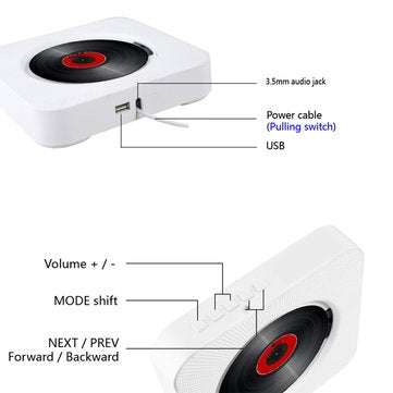 KC-808 Wall Mounted Bluetooth CD Player Portable Home Audio Box with Remote Control FM Radio Built-i