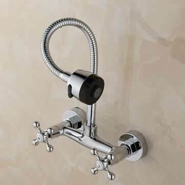 Kitchen Sink Faucet Hot Cold Mixed Taps Stretchable Shower Spray Type Wall Mount Bathroom Faucet
