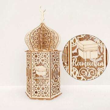 Islam Eid Ramadan Mubarak Decoration Wooden Golden LED Lantern Bas... (MODEL: SMALL | TYPE: RAMADAN)