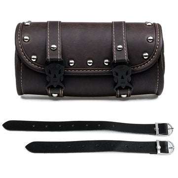 Motorcycle Front Fork Tool Saddle Bag Pouch Saddlebags Luggage Leather Barrel Dark Brown