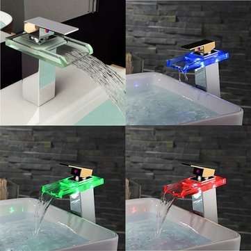 LED Bathroom Sink Faucet Waterfall Water Flow Chrome One Hole/Handle Vessel