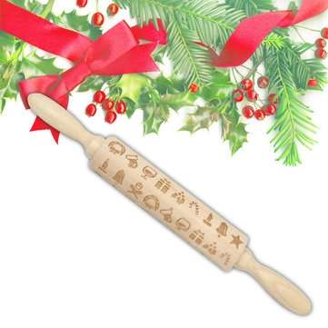 JM01687 Wooden Christmas Embossed Rolling Pin Dough Stick Baking Pastry Tool New Year Christmas Deco