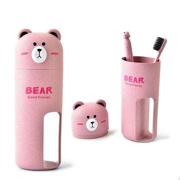 Honana Cute Bear Wheat Straw Portable 4 Color Options Toothbrush Organizer Travel ... (COLOR.: PINK)