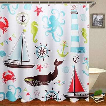 Marine Animal Bathroom Shower Curtain Toilet Cover Bath Mat Non-Slip Rug Set (SIZE 3: 180*180)