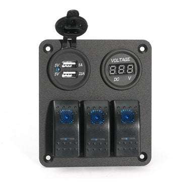LED Rocker Switch Panel Dual USB Charger Power Socket Voltmeter Marine Boat RV  (COLOR.: GREEN)