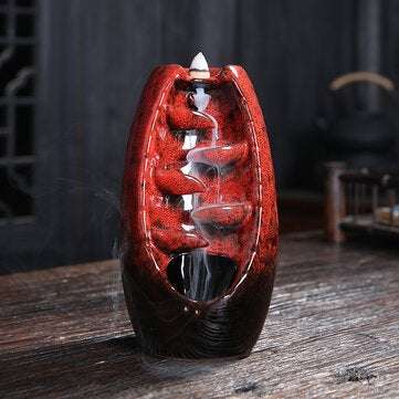 Handicraft Mountain River Incense Holder Ceramic Backwards Waterfall Smoke Incense B... (COLOR: RED)