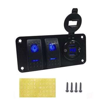 LED Switch Panel 2 Gang Rocker Switch Toggle QC 3.0 USB Blue LED Car Marine Boat