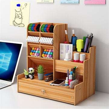 Desktop Pen Holder with Drawer Wooden Pencil Pen Storage Box Tilting Stationery Hol... (COLOR: WOOD)