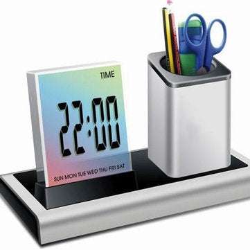DX-222 Colorful Black Digital LED Desk Alarm Clock Mesh Pen Holder Calendar Timer Thermometer