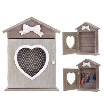House Heart Shaped Key Box European Style Retro Wood Wall Hanging Key Storage Cabinet Wall Mounted w