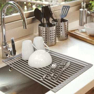 Dish Drying Rack Roll Up NO-Slip Silicone-coated Kitchen Multipurpose Sink Drainer Foldable Drain Sh
