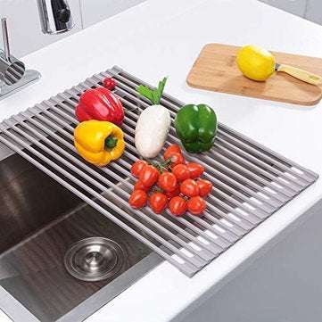 Dish Drying Rack Roll Up NO-Slip Silicone-coated Kitchen Multipurpose Sink Drainer Foldable Drain Sh