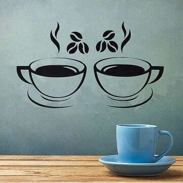 Double Coffee Cups Wall Stickers Waterproof Vinyl Adhesive Art Wall Decals Coffee ... (COLOR: WHITE)