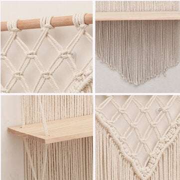 Hand-woven Macrame Bohemia Modern Rack Storage Rack Sling Wood Shelf for Wall Decoration