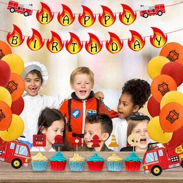Balloon Banner Set Fire Truck Firefighter Theme Balloon Set Birthday Party Banner Home Decoration