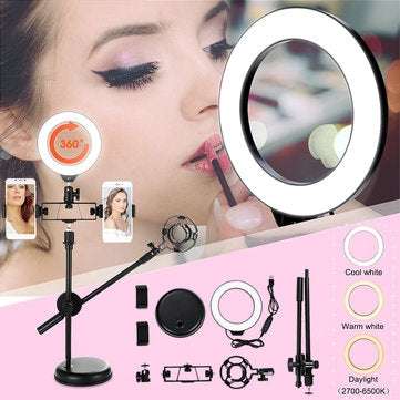 Dimmable LED Ring Light Kit+Light Stand 6500K Camera Photo Video Desktop Lamp