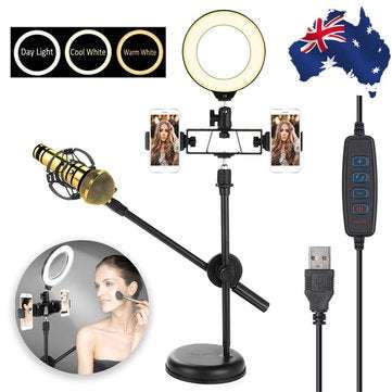 Dimmable LED Ring Light Kit+Light Stand 6500K Camera Photo Video Desktop Lamp