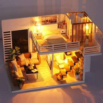 DIY Mini Dollhouse Kit Wooden Furniture Kit Handmade Miniature House with LED Light Assembling Doll