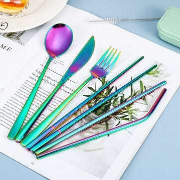 9Pcs Fork Spoon Knife Set Cutlery Stainless Steel Chopsticks Tableware Mental T... (COLOR: COLORFUL)