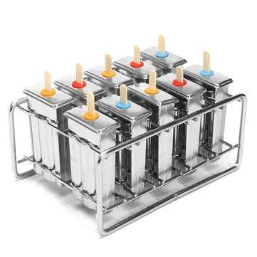 10 Molds Stainless Steel Ice Cream Popsicle Mold Lolly Popsicle w/ 100Pcs Stick Holder (TYPE: C)