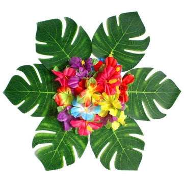 60Pcs Tropical Artificial Palm Leaves Hawaiian Hibiscus Flowers Wedding Birthday Party Decoration Ta