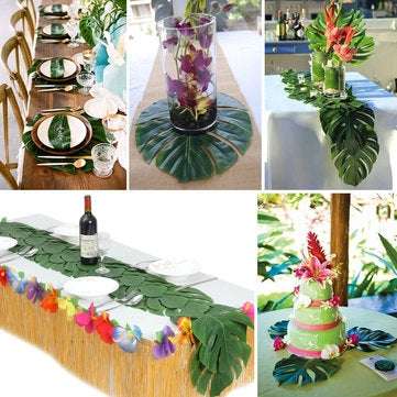 60Pcs Tropical Artificial Palm Leaves Hawaiian Hibiscus Flowers Wedding Birthday Party Decoration Ta