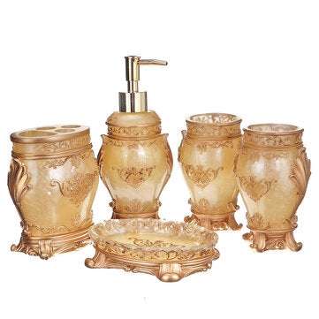 5Pcs European Style Bathroom Accessories Set Gold Flowers Antique Resin Wash Suit for Bathroom Suppl