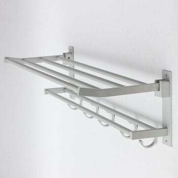 Bathroom Alumimum Folded Silver Bath Towel Shelf Washcloth Rack Holder With 5 Hooks Storage Rack
