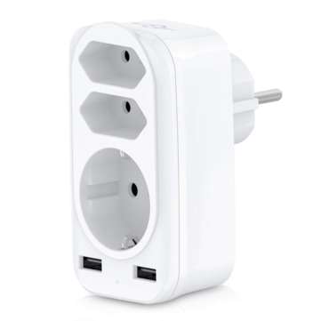 4000W 250V USB Socket Adapter 5-in-1 Multiple Plug 3 Way Multi Plug Double Euro and 1 Schuko Multi S