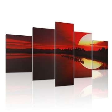 5PCS Frameless Canvas Painting Red Dusk Lakeside Picture Modern Wall Art Home Decor
