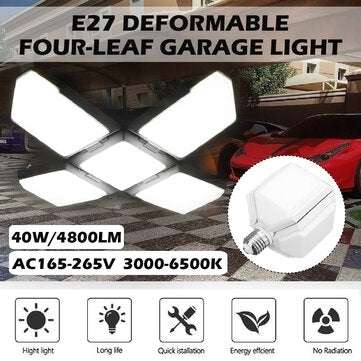 40W E27 LED Garage Light Four-Leaf Deformable High Bay Lamp Ceiling Warehouse Workshop Industrial Li