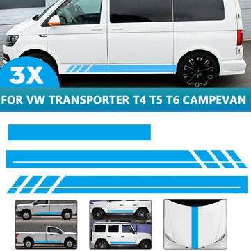 3PCS Side Body Stripes Hood Stickers Decals For VW Transporter T4 T5 T6 Campervan (COLOR.: BLUE)