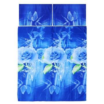 3PCS 200 x 230cm 3D Blue Rose Printed Bedding Pillowcase Quilt Cover Bedding Sets Queen Size