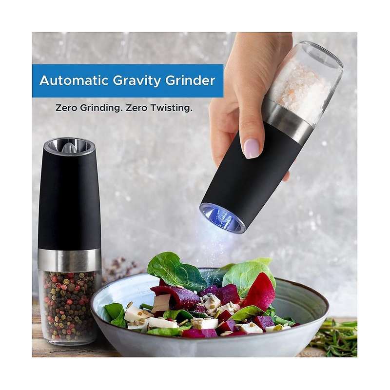 (2 Pack) Gravity Electric Salt and Pepper Grinder Set Battery Operated One Hand Automatic Operation