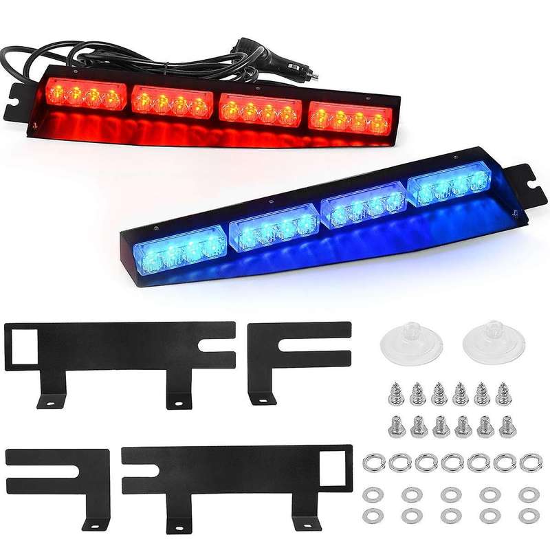 (Blue & Red) 32LED Visor Lights 15 Flash Patterns Emergency Strobe Lights Windshield Split Mount Lig