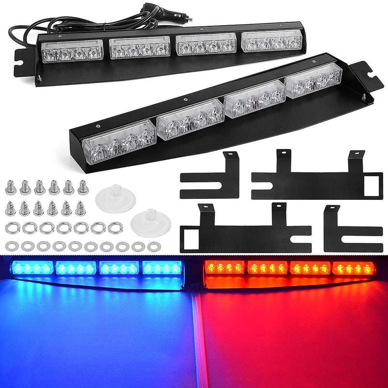(Blue & Red) 32LED Visor Lights 15 Flash Patterns Emergency Strobe Lights Windshield Split Mount Lig