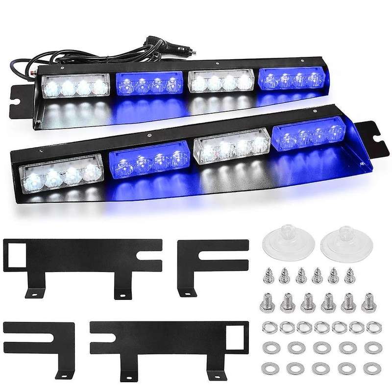 (Blue & White) 32 LED Visor Lights 15 Flash Patterns Emergency Strobe Lights Windshield Split Mount