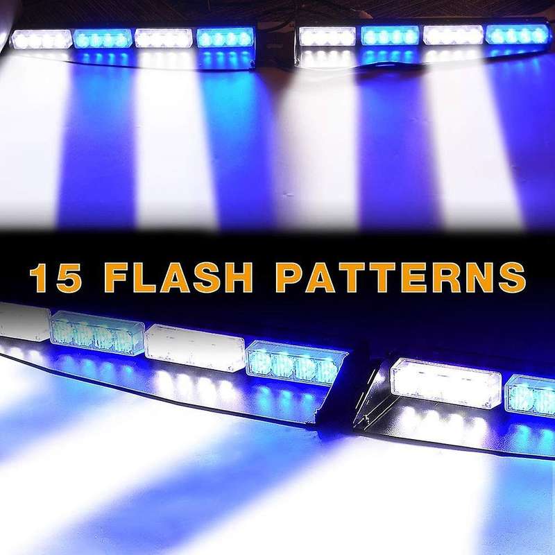 (Blue & White) 32 LED Visor Lights 15 Flash Patterns Emergency Strobe Lights Windshield Split Mount