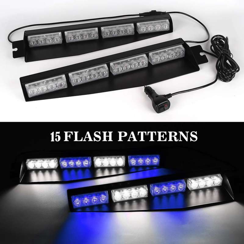 (Blue & White) 32 LED Visor Lights 15 Flash Patterns Emergency Strobe Lights Windshield Split Mount