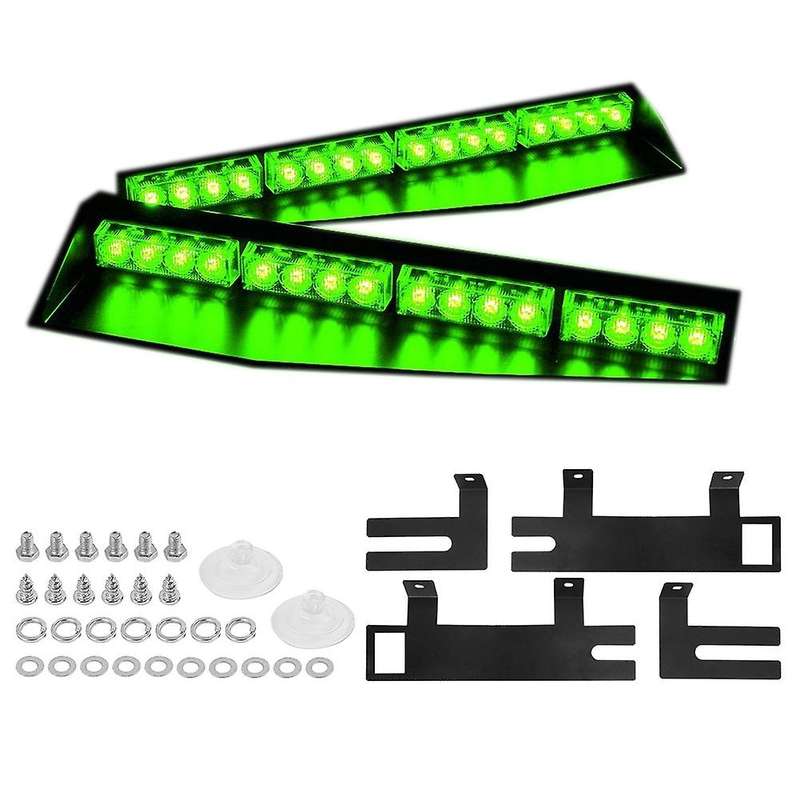 (Green) 32LED Visor Lights 15 Flash Patterns Emergency Strobe Lights Windshield Split Mount Light Ba