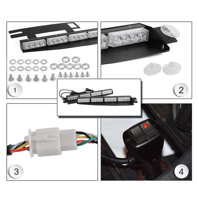 (Red & white) 32LED Visor Lights 15 Flash Patterns Emergency Strobe Lights Windshield Split Mount Li