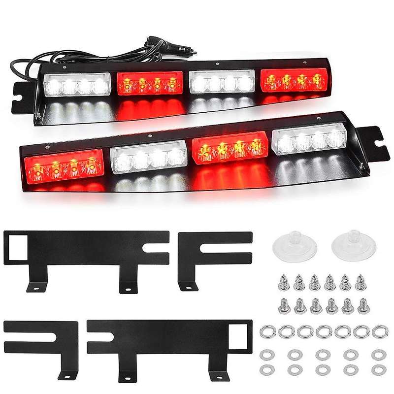 (Red & white) 32LED Visor Lights 15 Flash Patterns Emergency Strobe Lights Windshield Split Mount Li