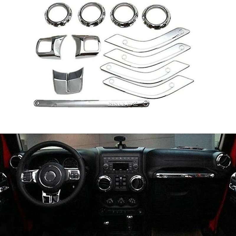 (Silver 12PCS) Car Decoration Steering Wheel & Center Console Air Outlet Trim for Wrangler JK JKU 20