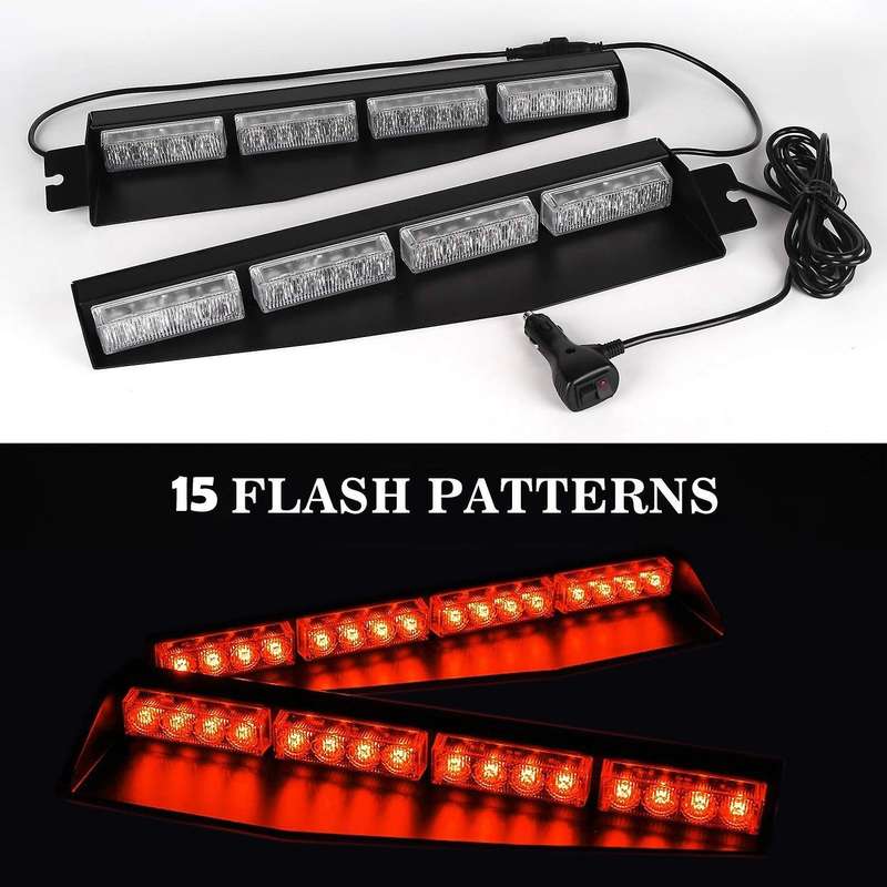(Red) 32LED Visor Lights 15 Flash Patterns Emergency Strobe Lights Windshield Split Mount Light Bar